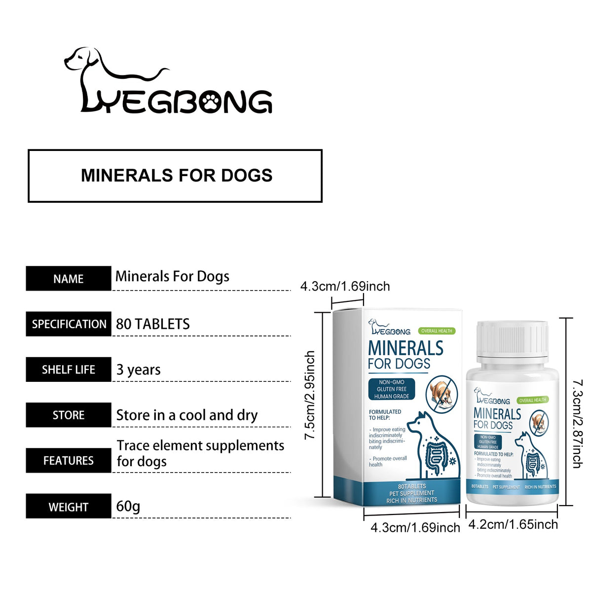 Dog Mineral Supplement Tablets, 80 Chewable Minerals Tablets For Pica, Appetite & Bone Health Support, Non-GMO Human Grade Pet Vitamins