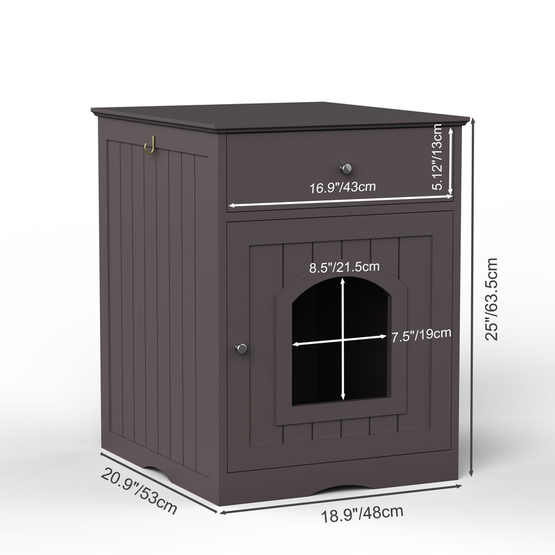 Black Wooden Cat Litter Box Enclosure W Drawer & Side Table, Indoor Pet Crate Nightstand For Home
