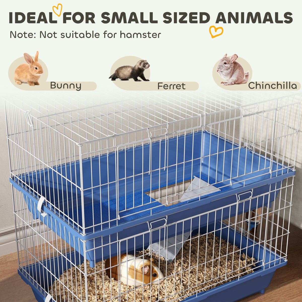 2-Tier Guinea Pig Cage, Ferret Cage, Chinchilla Cage, Small Animal Cage Indoor with Dish and Bottle, 2 Doors, Deep Bottoms, Ramp, 28", Blue