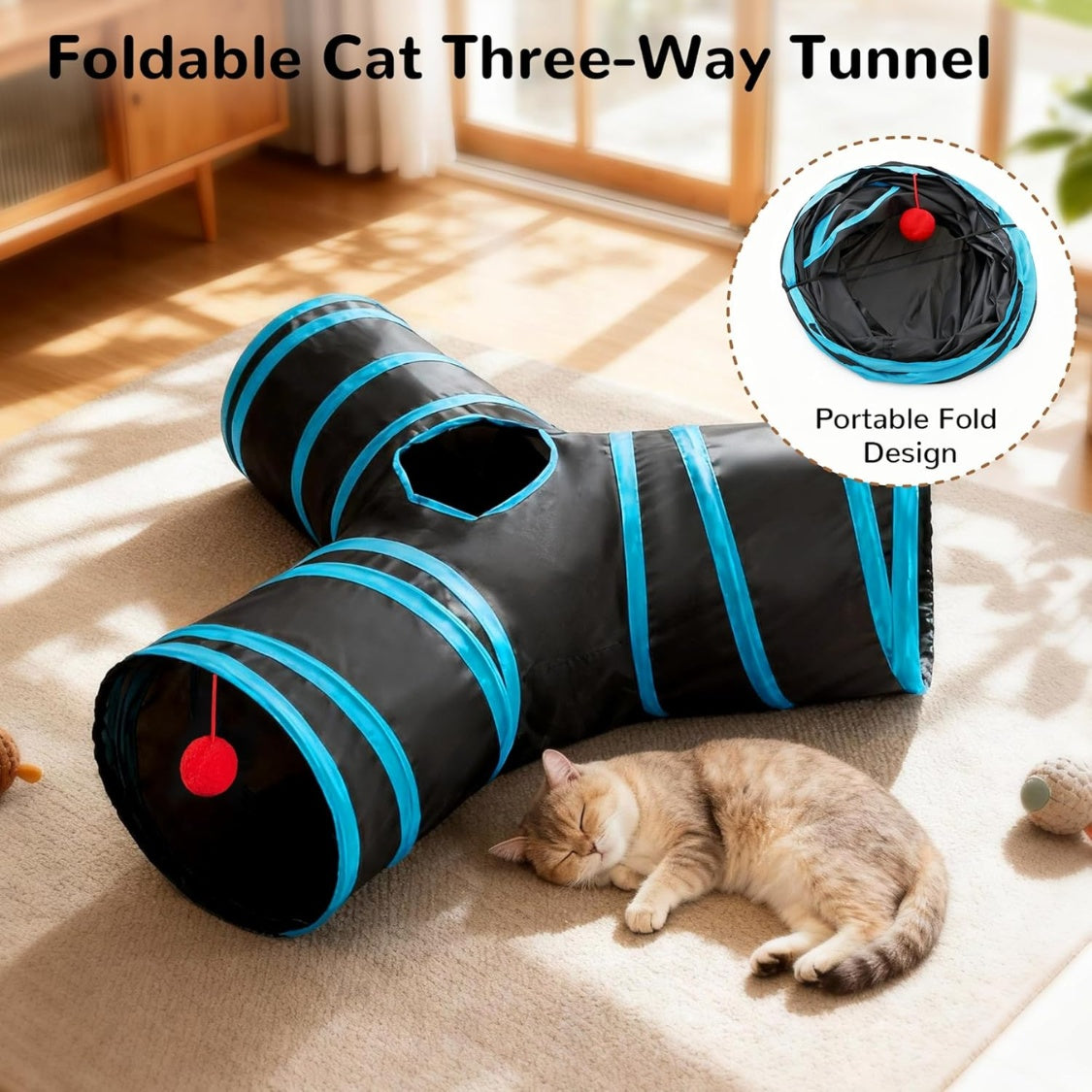 Pet Cat Tunnel Tube Toys 3 Way Collapsible, Tunnels For Indoor Cats, Interactive Tube With Teaser Wand, Peek Holes