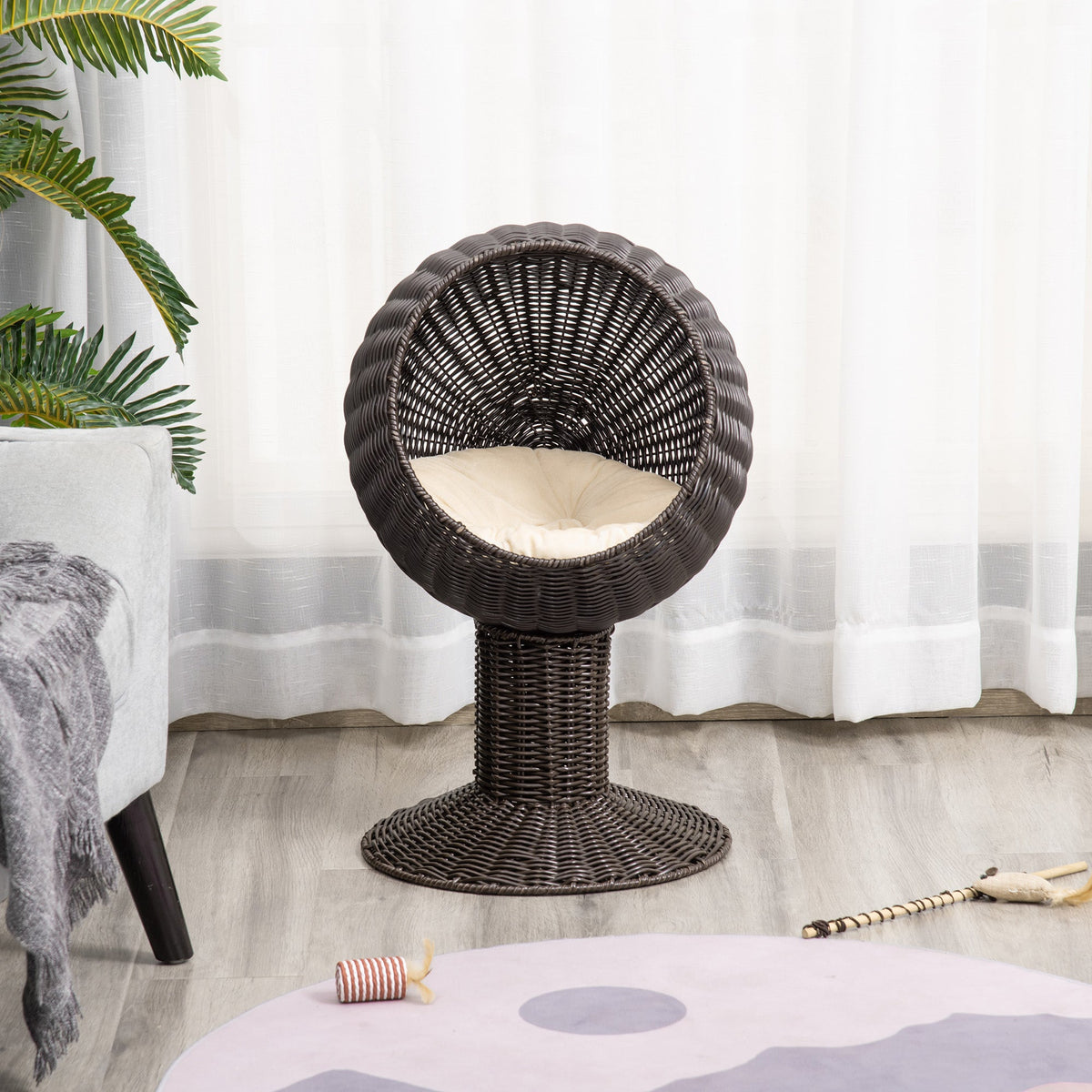 Elevated Cat Bed with Rotatable Egg Chair Pod, Cat Basket Bed with Thick Cushion, Natural Mat Grass Woven Kitty House, Coffee
