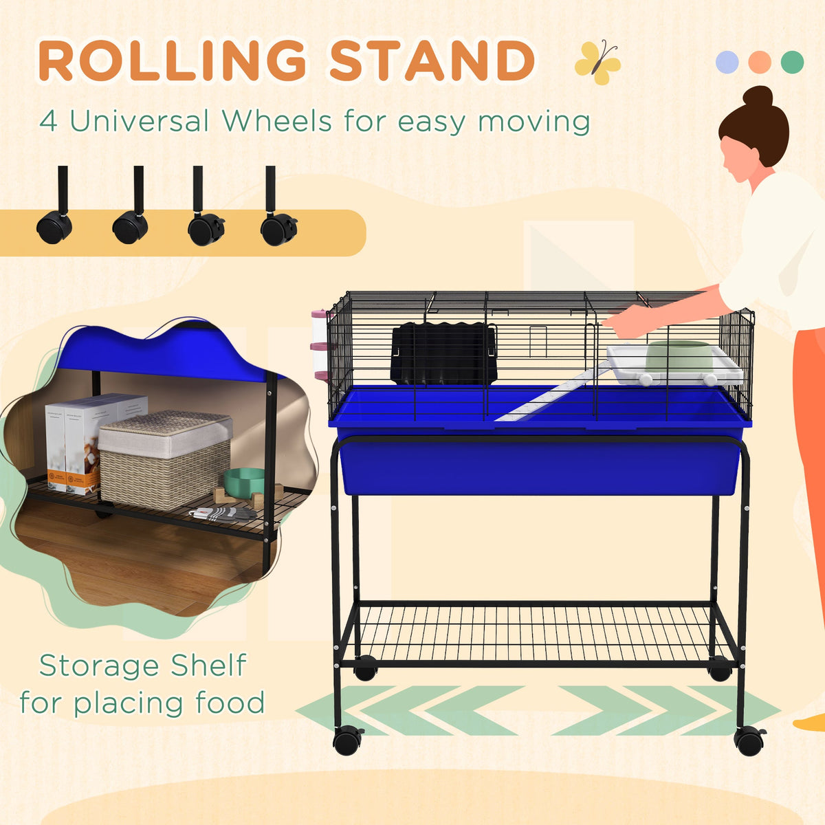 Two-Story Small Animal Cage Removable from Stand, Pet Habitat with Shelf & Wheels, 33" x 18.5" x 35", Blue