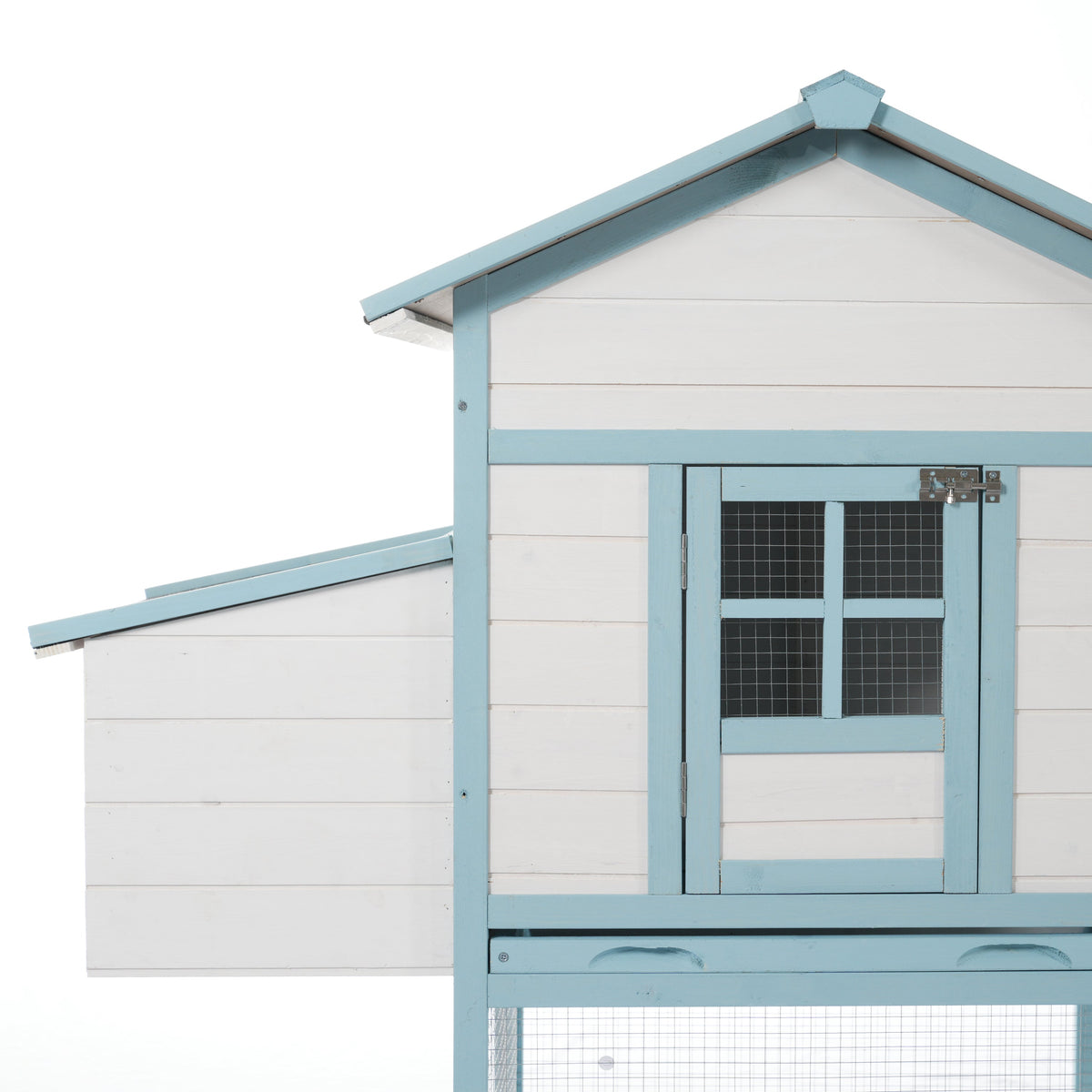 Large Wooden Chicken Coop with Double Nesting Boxes, Outdoor Walk-In Chicken Run with Waterproof Asphalt Roof, Fir Wood Poultry Cage with Pull-Out Dropping Trays, Blue & White Backyard Hen House