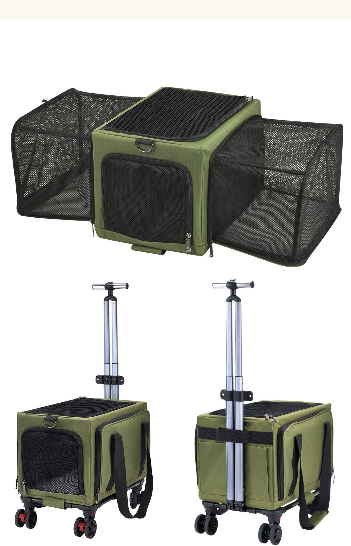 3-Sided Expandable Rolling Pet Carrier With Wheels, Small Cat Dog Travel Carrier, Foldable Portable Bag Grey For Travel Camping Vet Outdoor Indoor Use