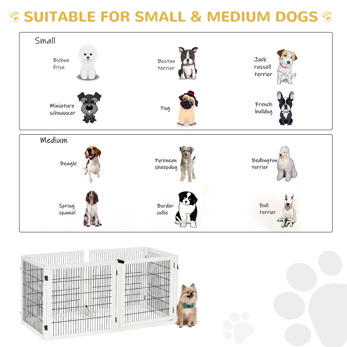 Wooden Pet Gate, 6-Panel Folding Dog Safety Barrier with Support Feet for Small & Medium Dogs, White