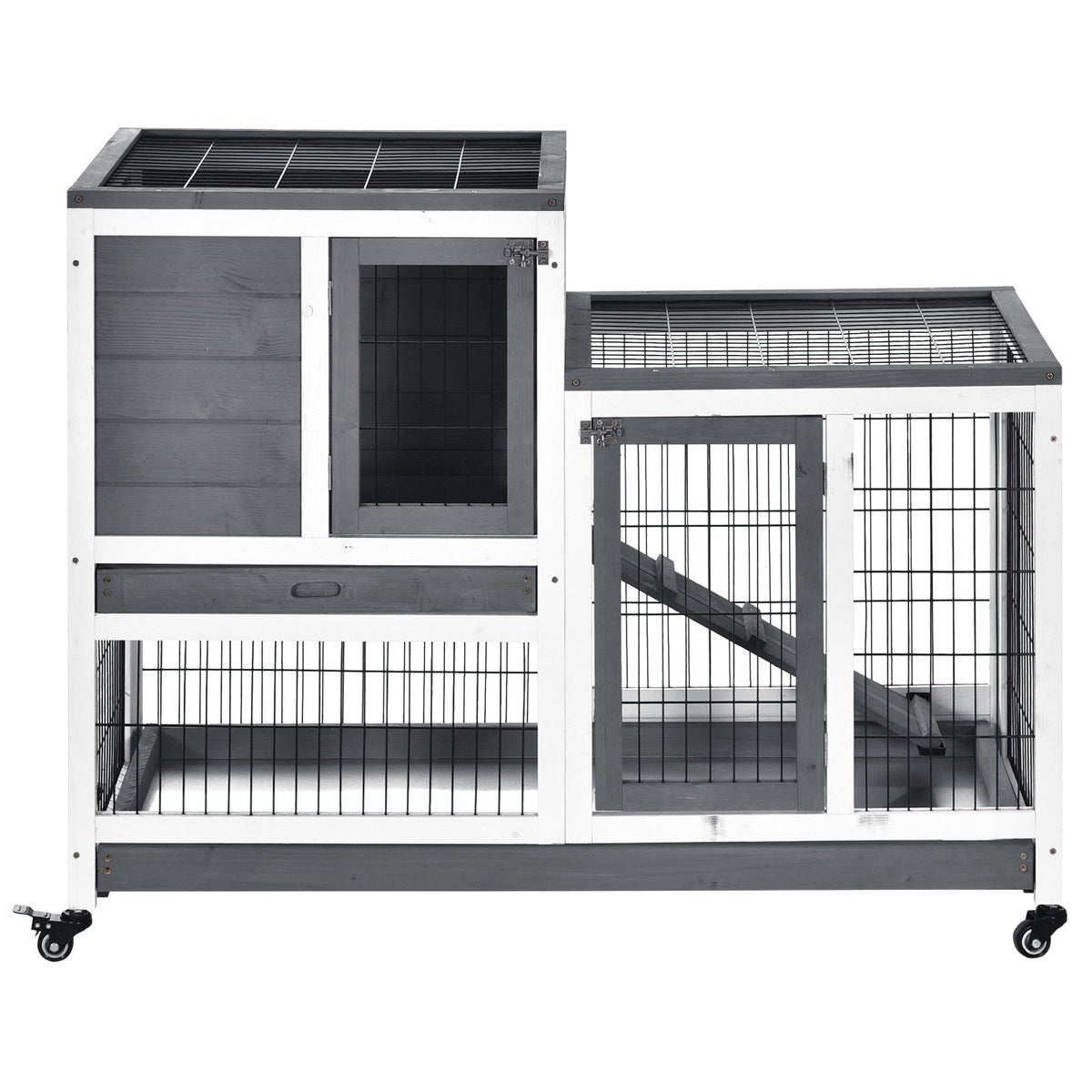 Wooden Rabbit Hutch Elevated Bunny Cage Indoor Small Animal Habitat with Enclosed Run with Wheels, Ramp, Removable Tray for Rabbits, Chickens, Ducks, Guinea Pigs, Gray