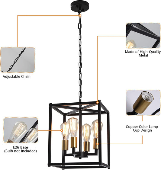 Lantern Pendant Light, 4-Light Gold Chandelier,Modernized Ceiling Hanging Light Fixture for Bedroom Kitchen Island Foyer Living Room Dining Room Hallway