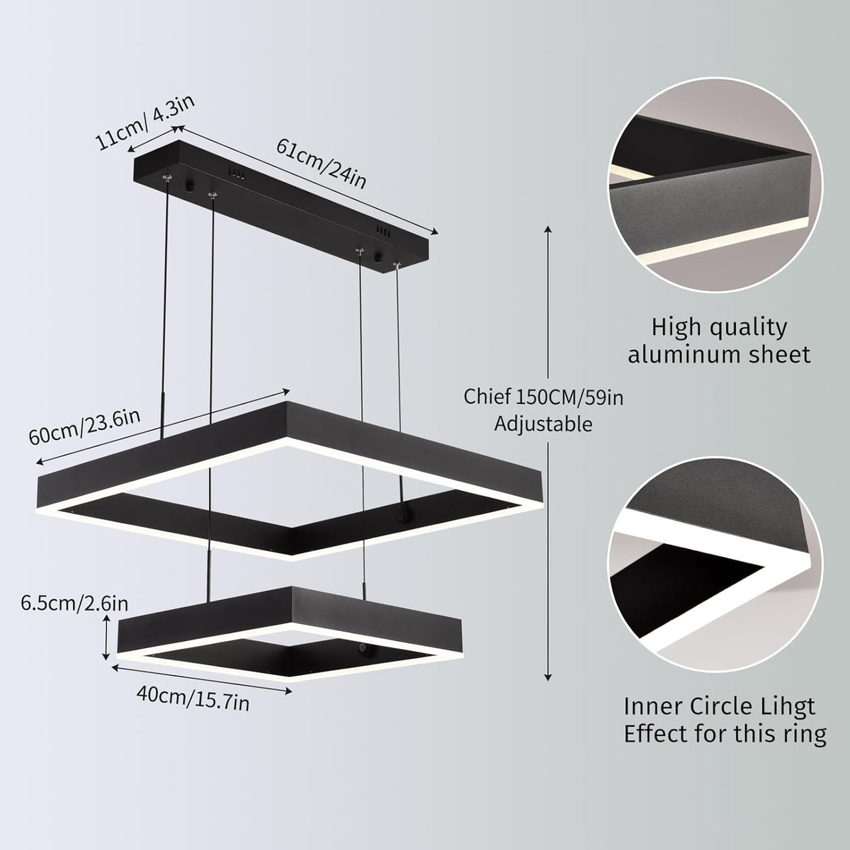 Modern Led Rectangle Chandelier for Dining Room, Dimmable Black Modern Chandelier with Remote, Adjustable Foyer Lighting Fixture