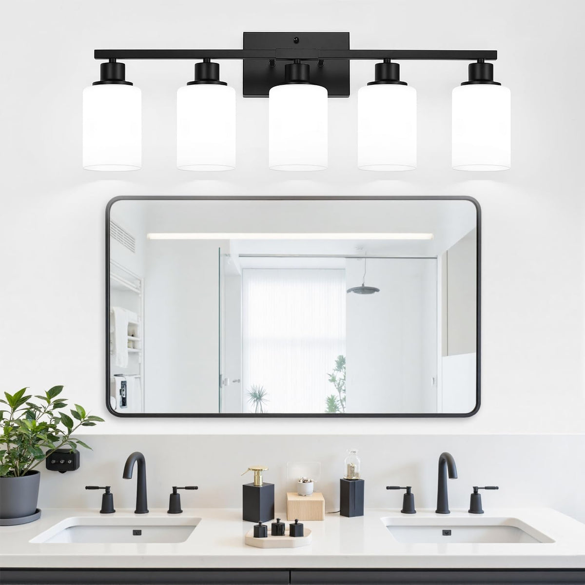 5-Light Black Bathroom Vanity Light Fixture with Milky White Frosted Glass Shades, Bathroom Light Fixture for Mirror, Matte Finish, Reversible Up/Down Lighting for Bedroom, Living Room, Hallway