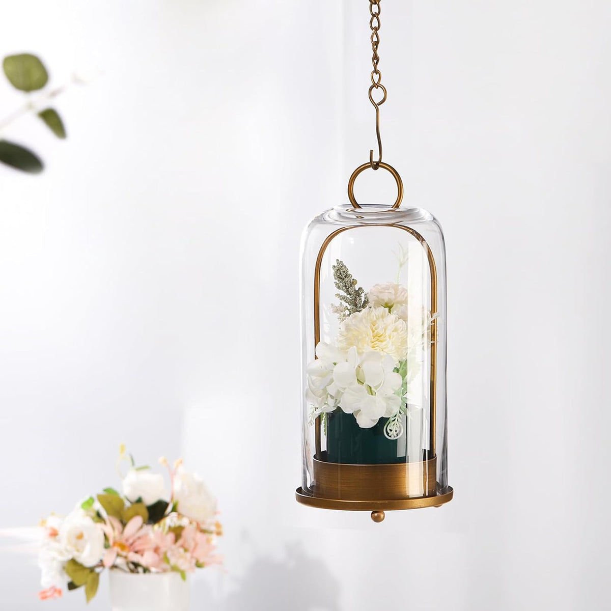 12" High Versatile Modern Metal Hurricane Lantern with Handmade Sturdy Glass Dome for 3" Pillar Candle & Plants (Brass, 5"x12")