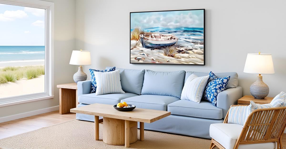 Yihui Arts Modern 3D Coastal Metal Wall Art Framed Home Accent in Blue and Silver for Living Room, Bedroom, Bathroom Decor