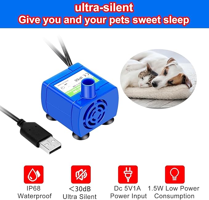 Cat Water Fountain Pump, Pet Water Fountain Pump Compatible Motor, DR-DC160 for Cat Drinking Fountain Cat Water Dispenser Replacement (With LED&Adapter&Brush)