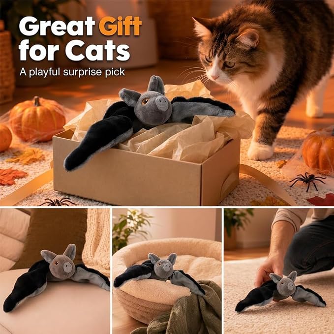 Flying Bat Dog Toy, Flapping Wings Interactive Chirping Pet Teaser, Remote Control Rechargeable Halloween Bat Toy with Catnip Filling, Electric Simulation Flying Motion Toy for Cats Dogs,2pcs