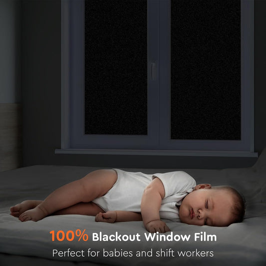 Kromapolis Blackout Window Privacy Film Total Light Blocking Room Darkening Window Covering, Removable Static Cling Frosted Glass Tint, Non-Adhesive, Black 11.8'' x 78.7''