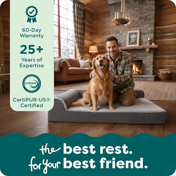 FurHaven Orthopedic Dog Bed for Large Dogs, L-Shaped Chaise Contour Mattress with Solid Orthopedic Foam Slab for Joint Support, Removable Washable Cover, Jumbo Plus XXL, Faux Fur & Suede, Espresso
