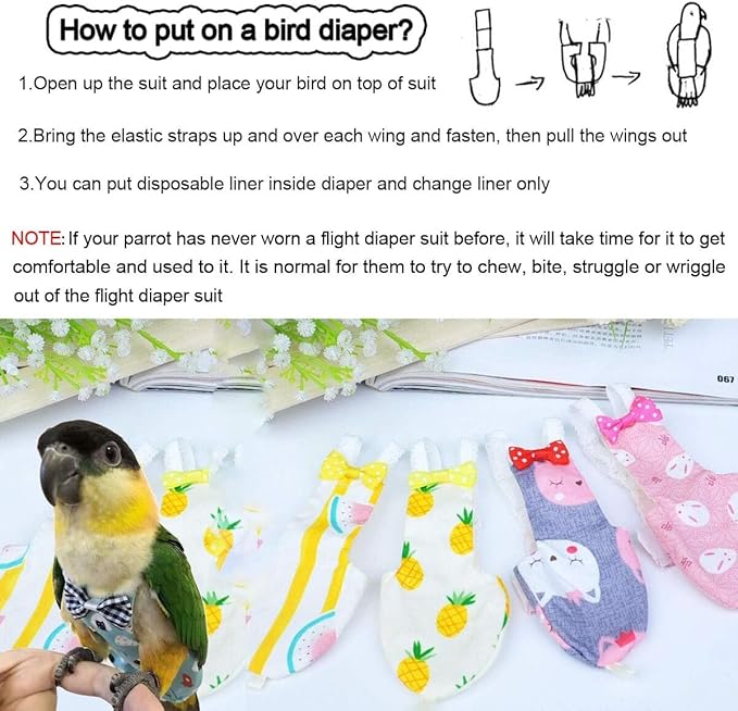 Diaper Flight Suite Liners for Birds Protective Nappy with Waterproof Inner Layer Cute Urine Wet Suit for Parrot Macaw African Budgies Conure Monk Parakeet (L,White)