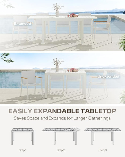 All-Aluminum Expandable Outdoor Patio Dining Table for 4-8 Person, All-Weather Rectangular Outdoor Table(48"-79") with Smooth Cilde Rails & Secure Locking Handle for Garden, Indoor, White