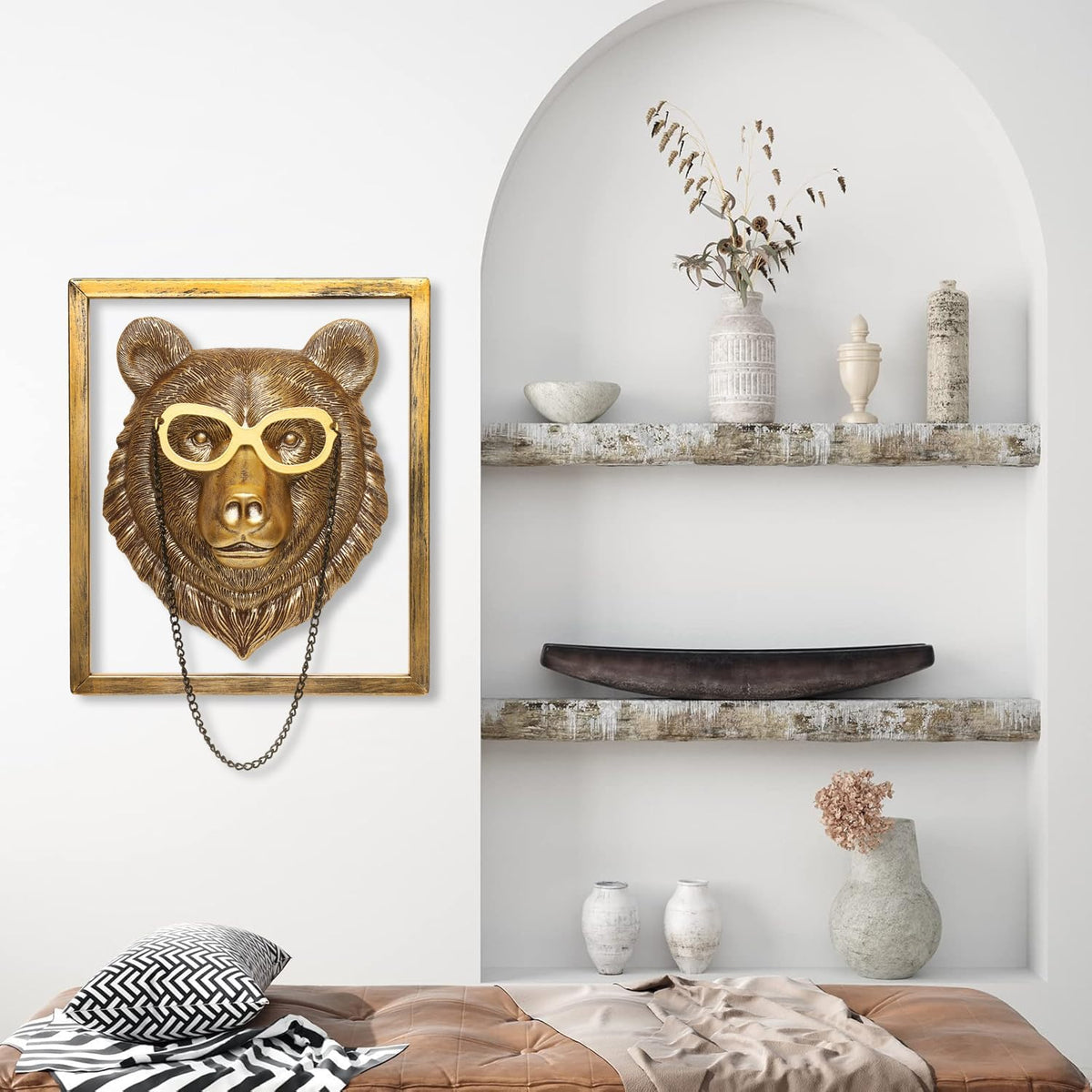 Animal Heads Wall Decor (Includes Metal Frame) Resin Animals Sculptures Head Wall Hanging Decoration Gold vintage Wall Sculpture for Living Room Bedroom Office(Bear)