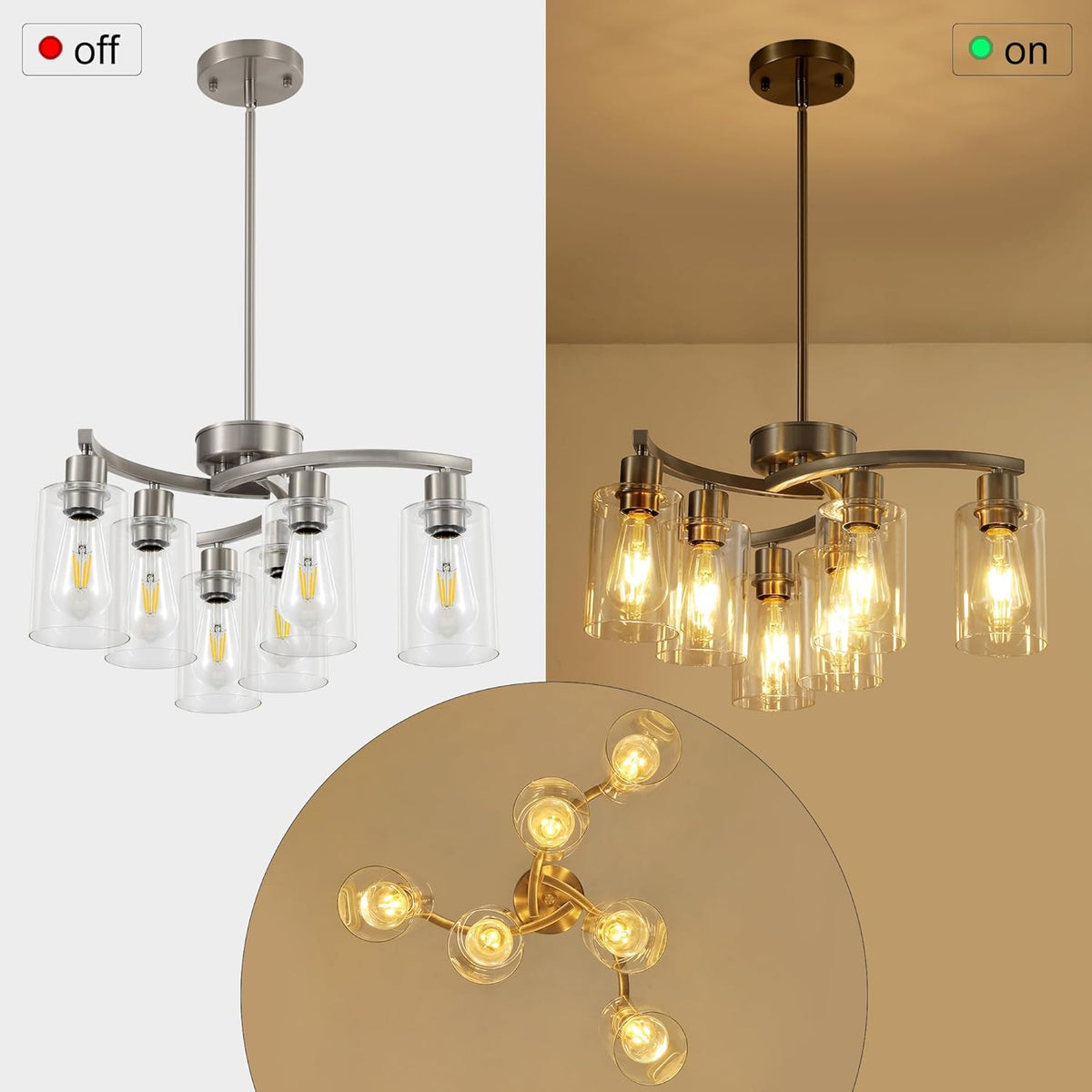 6 Light Modern Brushed Nickel Pendant Light Fixture For Dining Room,Contemporary Kitchen Light Fixtures Brushed Nickel,Adjustable Height Farmhouse Dining Chandeliers Over Table,With Glass Shade