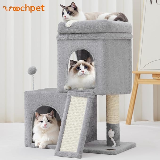 Woochpet 24inch Tall Cat Tree with 2 Cat Condo and Mouse Toy Cozy Small Cat Tower with Scratching Post and Board for Kitties and Small Cats.(Light Grey) (22 * 13 * 28)