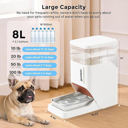ZOMISIA Automatic Dog Water Dispenser 8L with Stainless Steel Bowl, Gravity Large Capacity Water Bowl for Dogs, 2 Gallon Pet Waterer 100% BPA Free, White