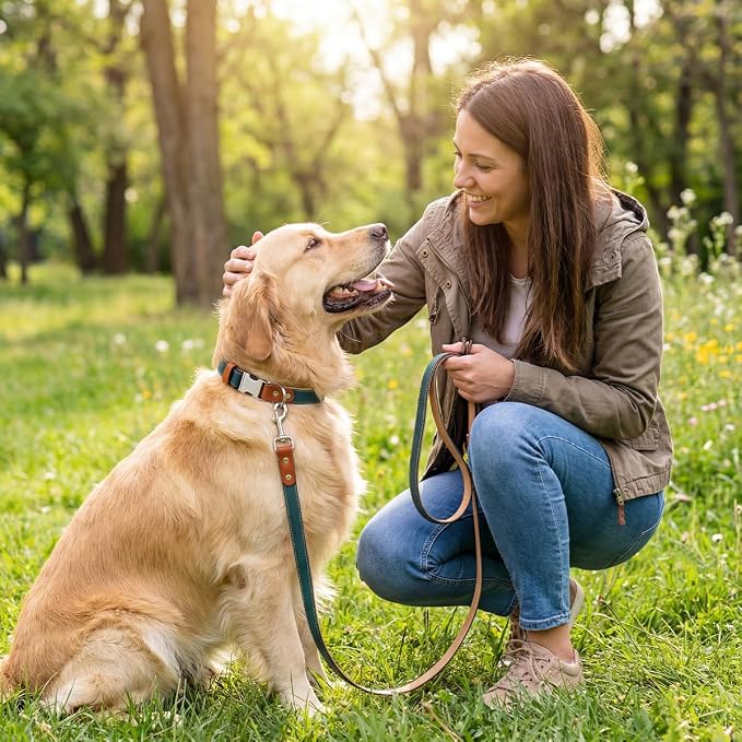 Dog Collar and Leash Set, PU Leather Dog Collar – Adjustable Eco-Friendly with Genuine Leather & Hemp, Soft Breathable Dog Collar Set for Small to Large Dogs(Green, S(10“-16”))