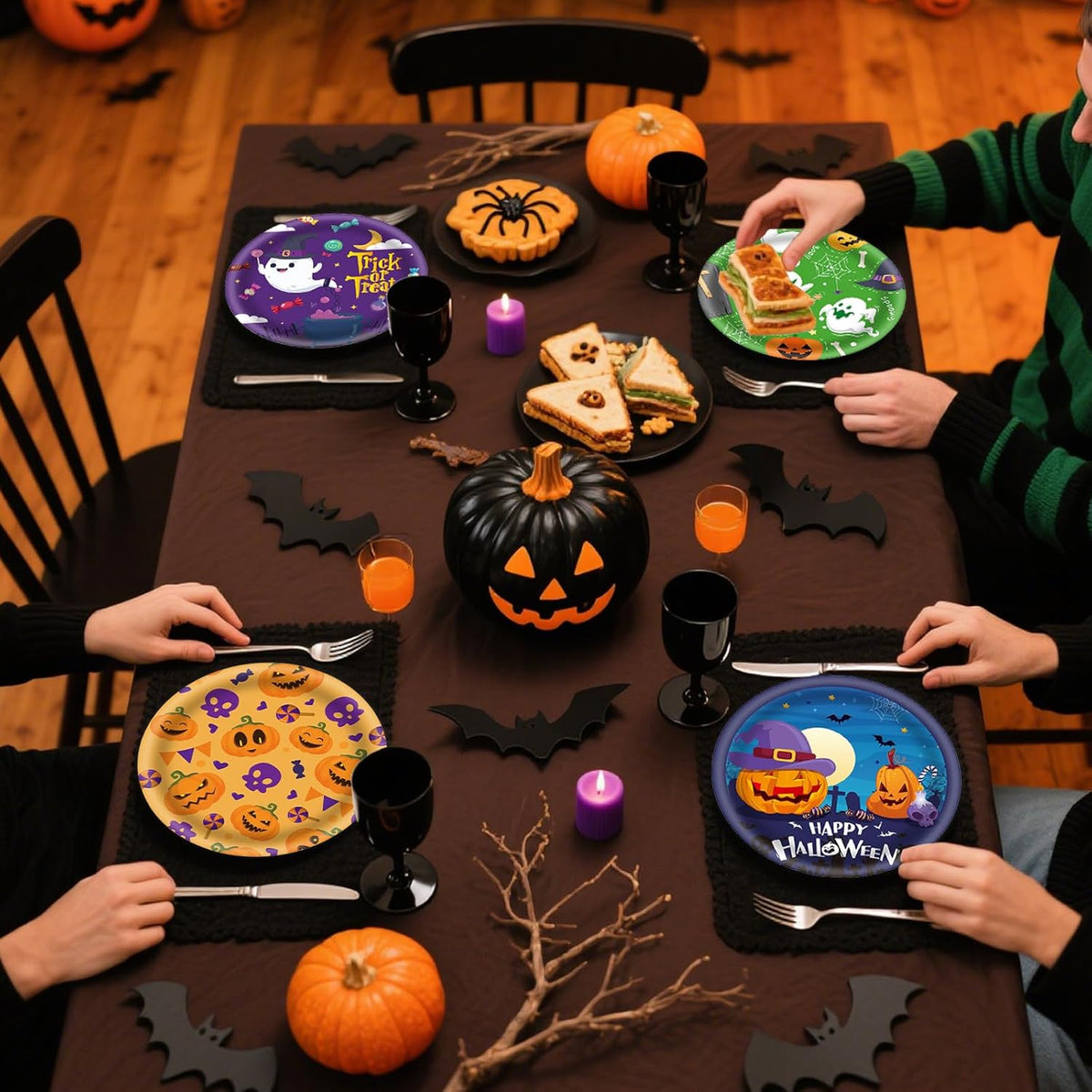 48Pcs Halloween 7inch Paper Plates - Pumpkin Ghost Spooky Dessert Plates for Cake Salad Fruit Disposable Cute Dinner Plates for Halloween Kids Trick or Treat Party Decoration, 4 Styles