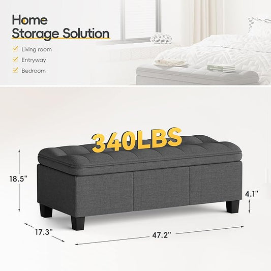 JUMMICO 47 Inches Storage Ottoman with Legs, End of Bed Bench, Foot Rest for Couch, for Living Room, Bedroom, Entryway, 17.3" D x 47.2" W x 18.5" H, Easy Assembly (Dark Gray)