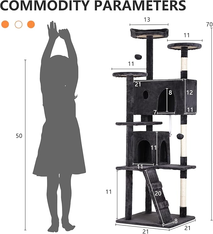 BestPet | 70" Cat Tree Tower | Dark Gray | Sturdy, Easy to Assemble, Multi-Level Activity Center with Sisal Scratching Posts, Condos, Perches, Hanging Cat Toys, Observation Decks & Ladder