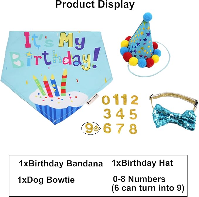 ADOGGYGO Dog Birthday Bandana Scarf and Blue Boy Pet Birthday Party Hat with Cute Bow Tie for Medium Large Dog Pet (Large)