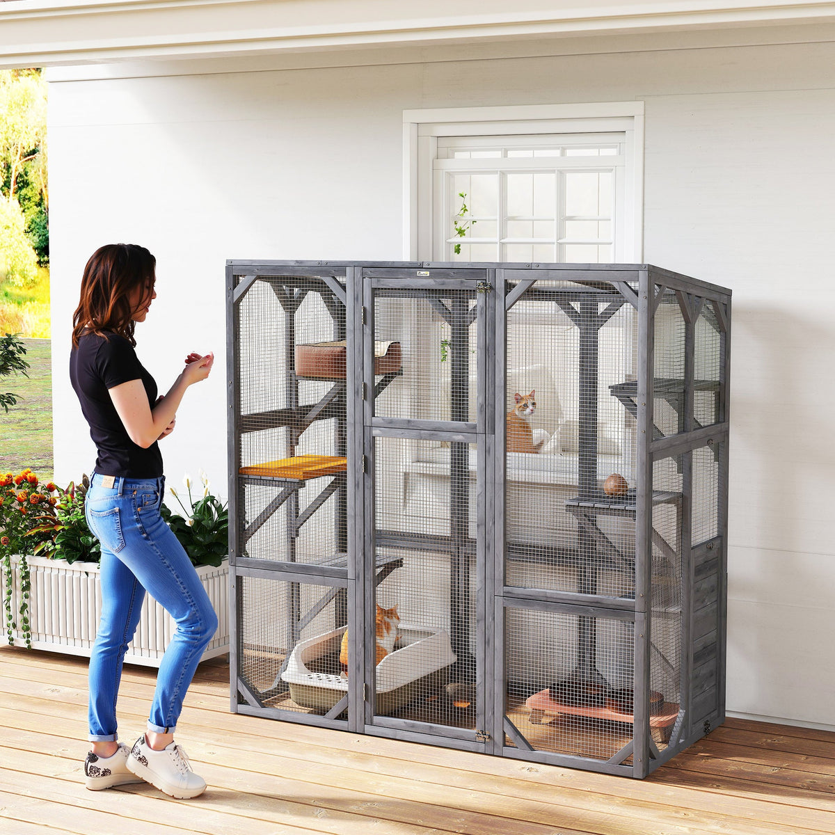 Large Wooden Catio Outdoor with 6 Jumping Platforms, Weatherproof Roof, for 1-3 Cats, 59" x 28" x 60", Gray