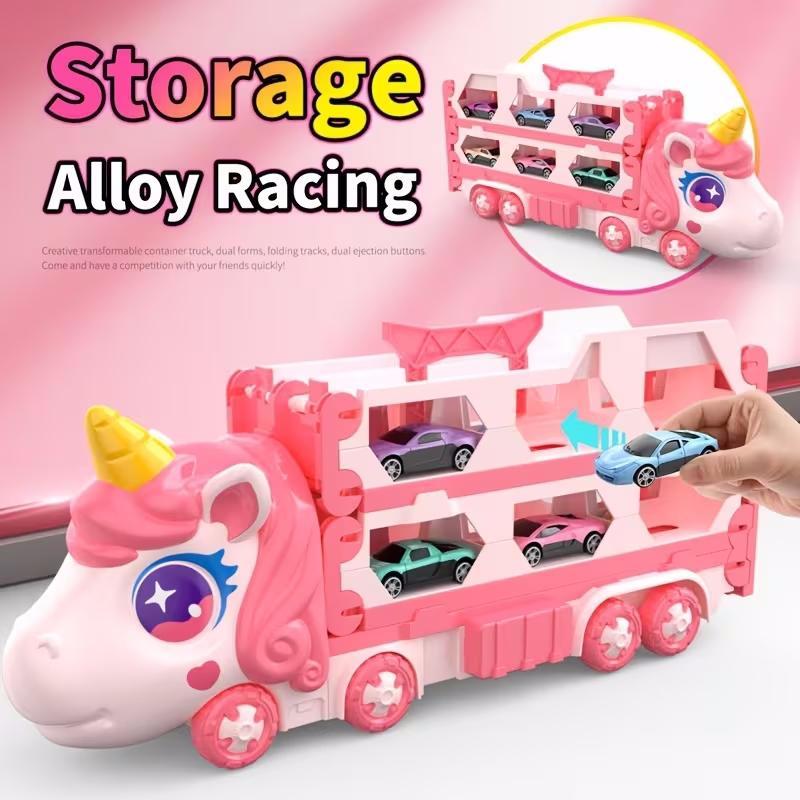 Cute Transforming Truck Toy Expandable Racetrack & Vehicle Storage Set Portable Carrier With Mini Cars Toy For Girls Ages 3 And Up,Pickup Only