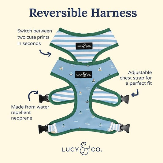 Lucy & Co. Reversible Dog Harness - Water-Repellent Neoprene, Dual-Print Design, Easy Swap Style, Adjustable Comfort Fit - Set Sail Reversible Harness - X-Small