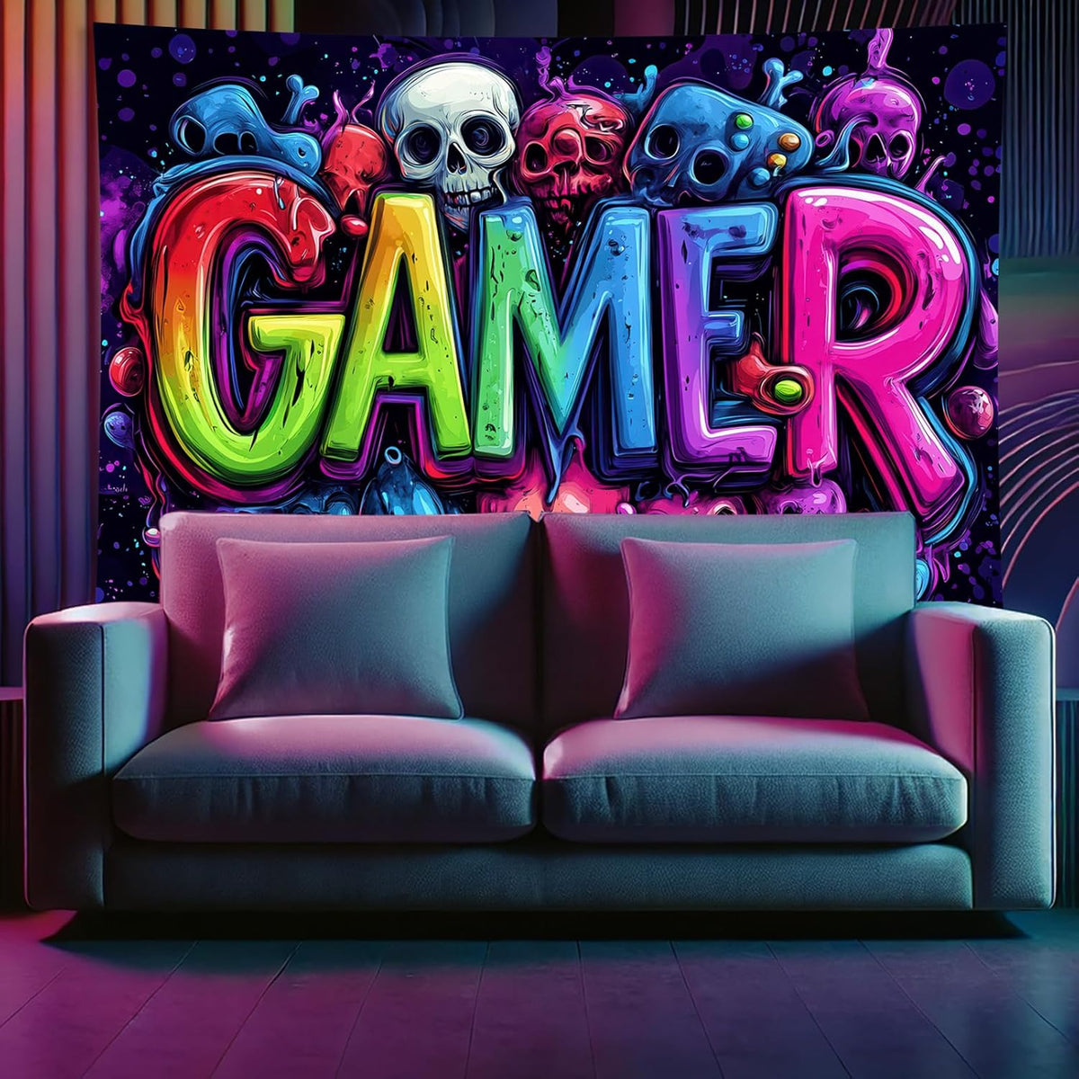 Starlit Patio Blacklight Skull Tapestry Gothic Skeleton UV Reactive Gamer Tapestry Horror Glow in The Dark Wizard Magic Forest Wall Hanging for Home Decor 78 x 59 Inches