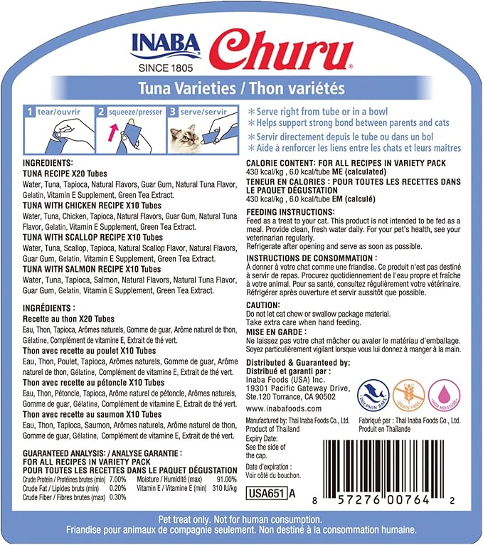 INABA Churu Cat Treats, Grain-Free, Lickable, Squeezable Creamy Purée Cat Treat/Topper with Vitamin E & Taurine, 0.5 Ounces Each Tube, 50 Tubes, Tuna Variety