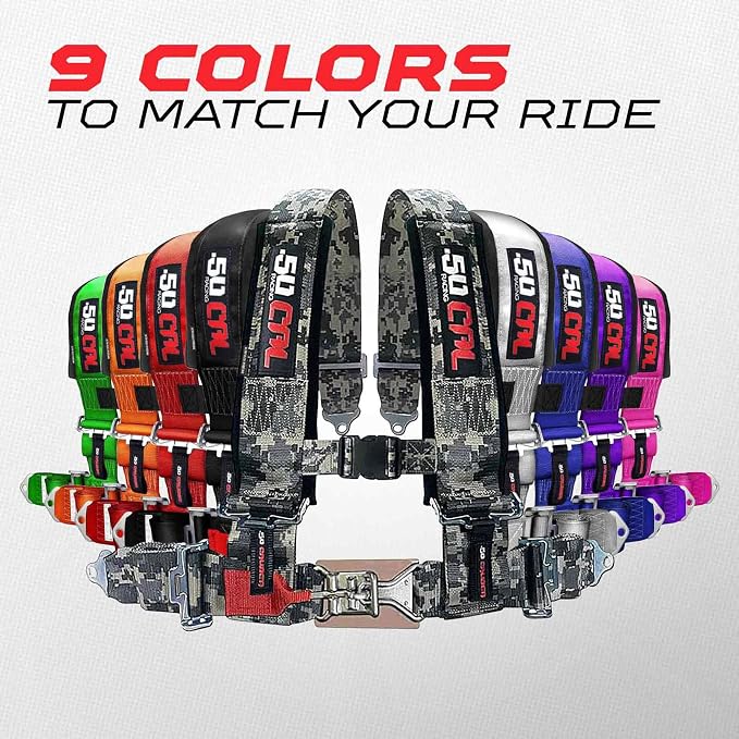 1pc 50 Cal Green 4 Point Harness 3 inch straps, Racing Harness Seat Belt | Ultra Kush padding, Push Button quick release hardware. Universal Fit for UTV, RZR, race car