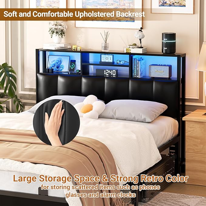 Aheaplus Headboard for Full Size Bed with Storage, Upholstered Headboards with Outlets, USB Ports and LED Light, Reversible Full Size Head Board, Height Adjustable, Comfortable Headboard, Black