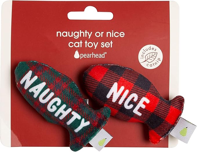 Pearhead Naughty Or Nice Christmas Cat Toy Set, Holiday Pet Owner Gift, Christmas Must Have Toy Set, Cat Teaser Toy, with Catnip Pouch, Set of 2