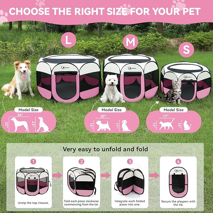 Sieidihit Dog Cat Playpen Tent Crate Cage with Washable Pee Pad, Small Pink | Pet Nursing Enclosure Camping Rest Zone for Recovering Pets New Pet Quarantine Room Portable Pop Up Easy Set up lightweight