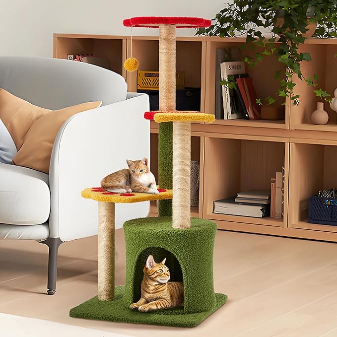 Flower Cat Tree 37in Cute Cat Tree Tower for Indoor Cats with 3 Sisal Covered Scratching Posts, Cozy Tower Condo, Padded Top Perch Green Fun Cat Tree Kitty Condo Cat Furniture for Indoor Cats
