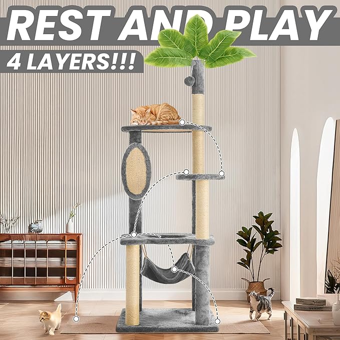 55 Inch Large Cat Tree Tower for Indoor Cats with Hammock Green Leaves Sisal Scratching Post, Plush Hang Ball Play Furniture for Kittens & Adult Cats,Grey