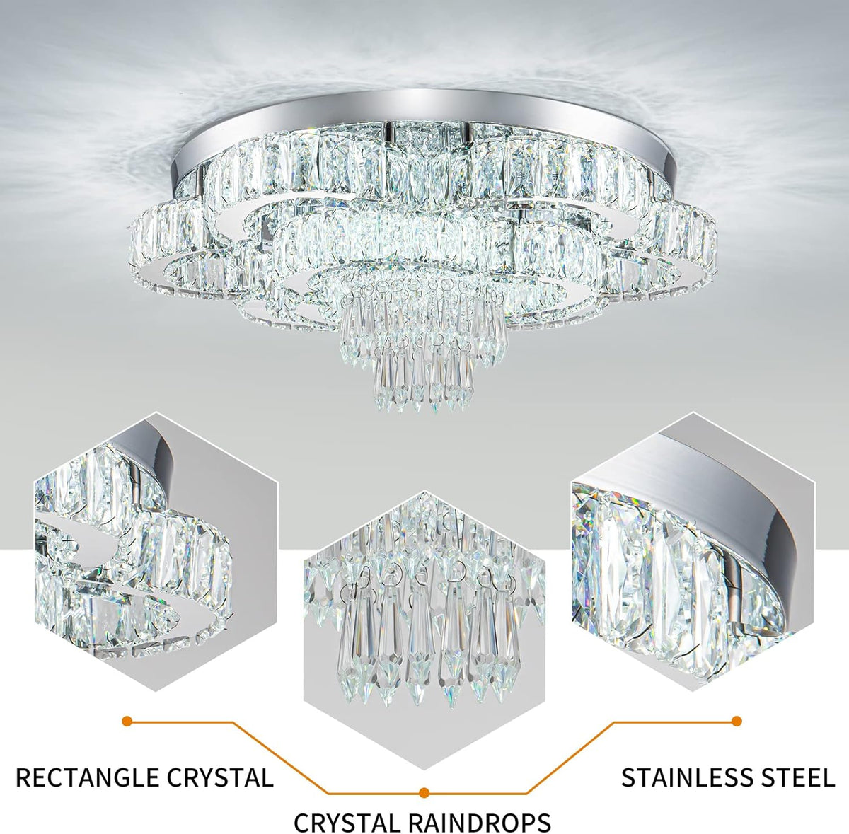 21 Inch Crystal Chandelier LED Flush Mount Ceiling Light Fixtures Luxury Chandeliers for Living Room Bathroom Bedroom Entrance Dining Room(Cool White)