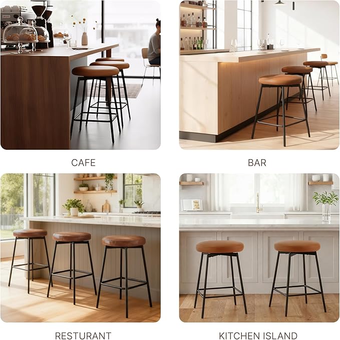 Swivel Bar Stools Set of 3, 24" Counter Height Bar Stool, Backless Barstools with Faux Leather Upholstered Seat&Sturdy Wood Legs for Kitchen Island, Black