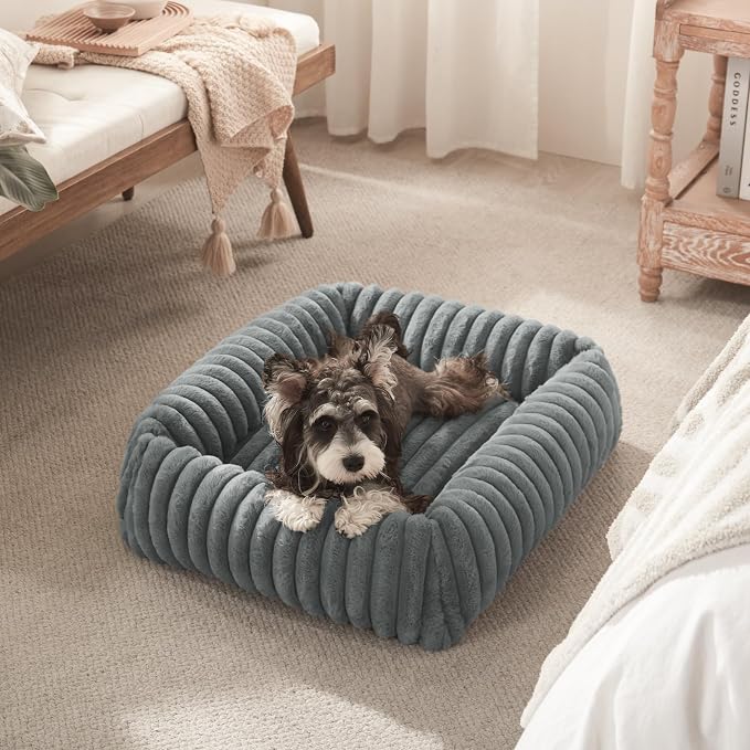 FURTIME Dog Bed for Small Medium Dog, Washable Orthopedic Pet Bed with Removable Cover, Rectangle Soft Calming Sleeping Puppy Bed Durable Pet Cuddler with Anti-Slip Bottom, Grey, M (25"x21"x7")