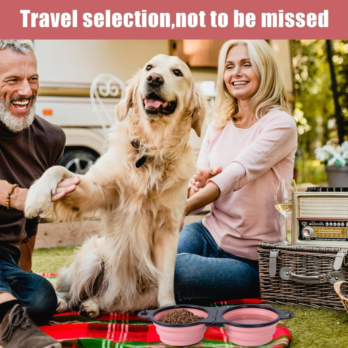 Collapsible Dog Dual Bowls Reinforced Rim 180 Degrees Flip Over Foldable Double Bowl With Lock Clips More Stable Dog Travel Bowls Pet Food Water Feeder