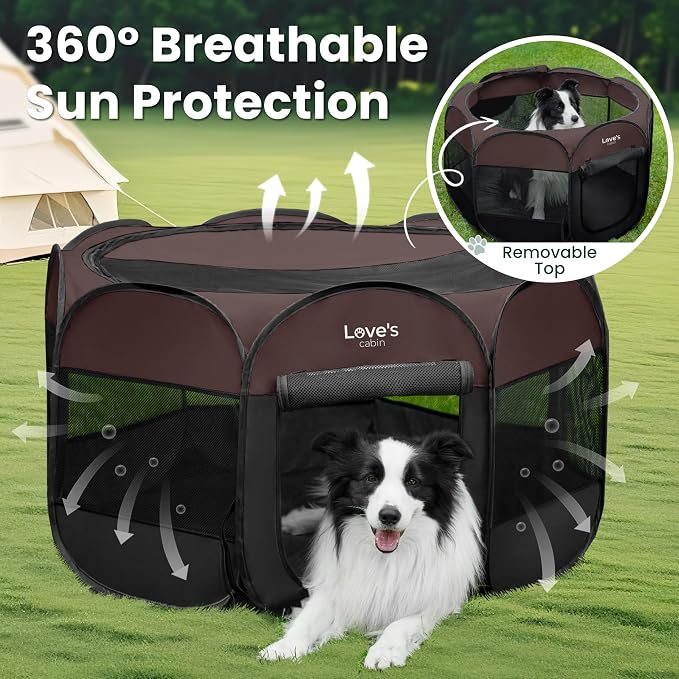 Love's cabin Pet Puppy Dog Playpen, Large Dog Tent Crates Cage Indoor/Outdoor, Portable Playpen for Cat, Foldable Pop Up Dog Kennel Playpen with Carring Case, Removable Zipper Top, Brown