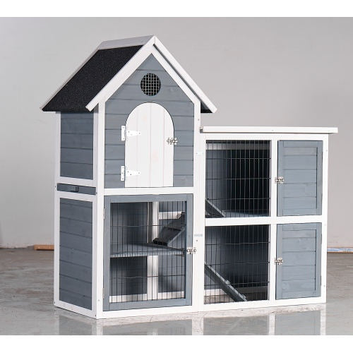 Large Outdoor Chicken Coop Cage Weatherproof 2-Story Chicken Coop Rabbit Hutch, Wooden Indoor Outdoor Pet House With No-Leak Tray, Waterproof Roof Pull-Out Tray 50.98 Lx 48.23 H, Grey, Blue
