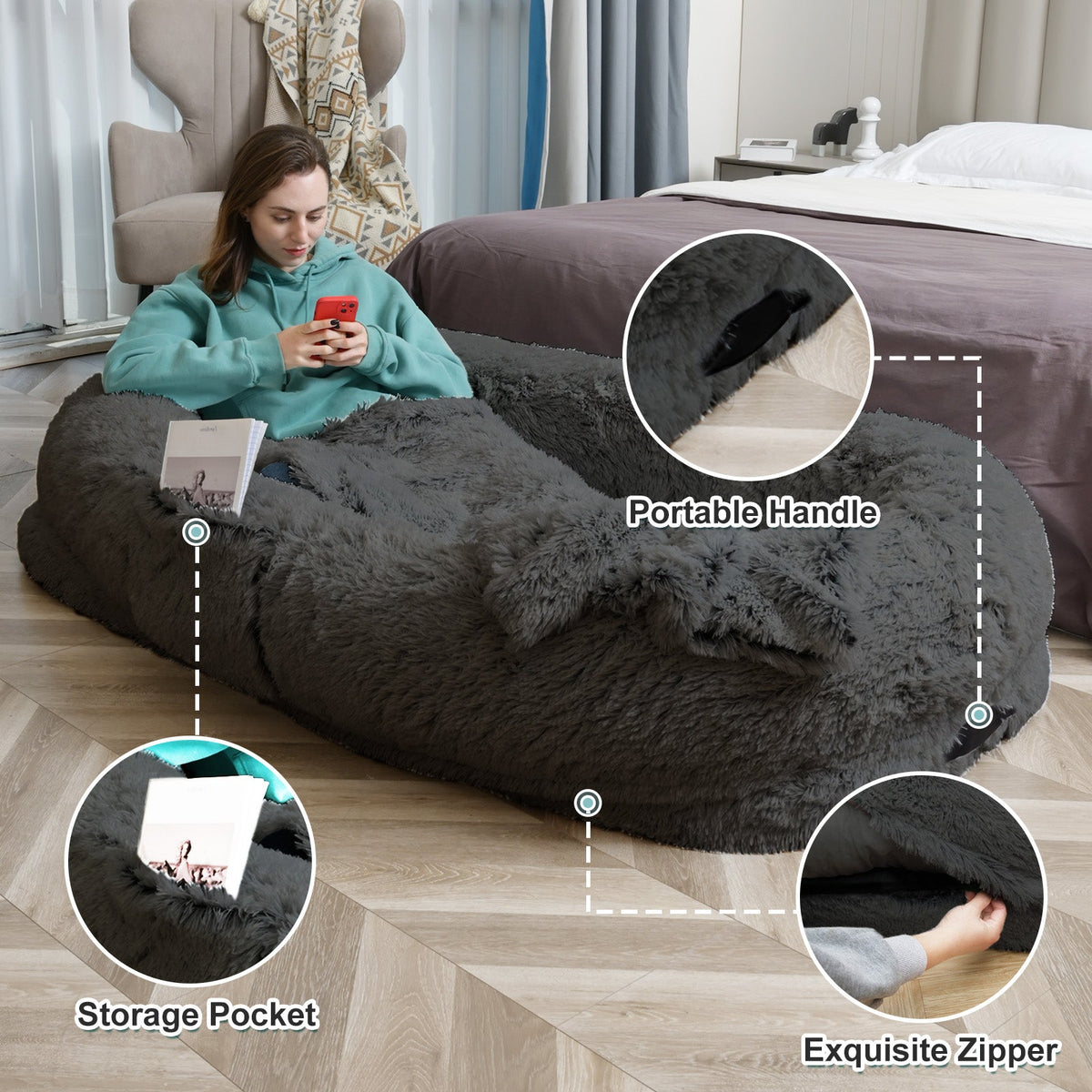 Human Dog Bed - 63 In X 31.4 In X 9.5 In Washable Faux Fur Lounger For Adults & Pets, Cushion With Orthopedic Support, Includes Pillow & Blanket
