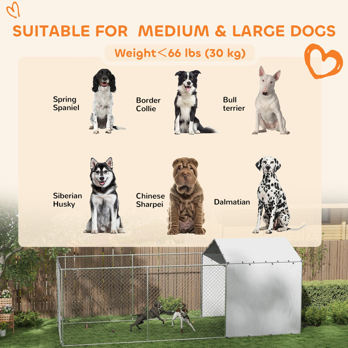 Galvanized Chain Link Large Outdoor Dog Kennel with Waterproof & UV-Resistant Cover, for M&L Dogs, 19.7 x 7.5 x 7.5