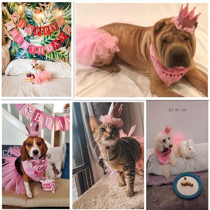 ADOGGYGO Dog Birthday Hat Bandana Girl - Pet Birthday Party Supplies - Pink Dog Tutu Hat Scarf Banner Set for Extra Large Dogs (X-Large)